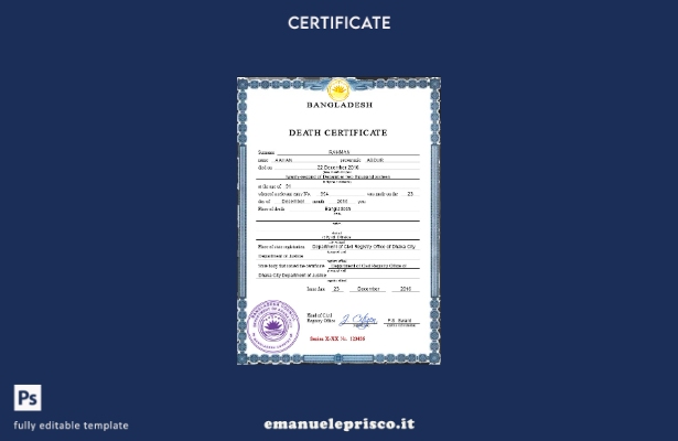 modello PSD del certificato di morte del documento di stato civile del Banglades